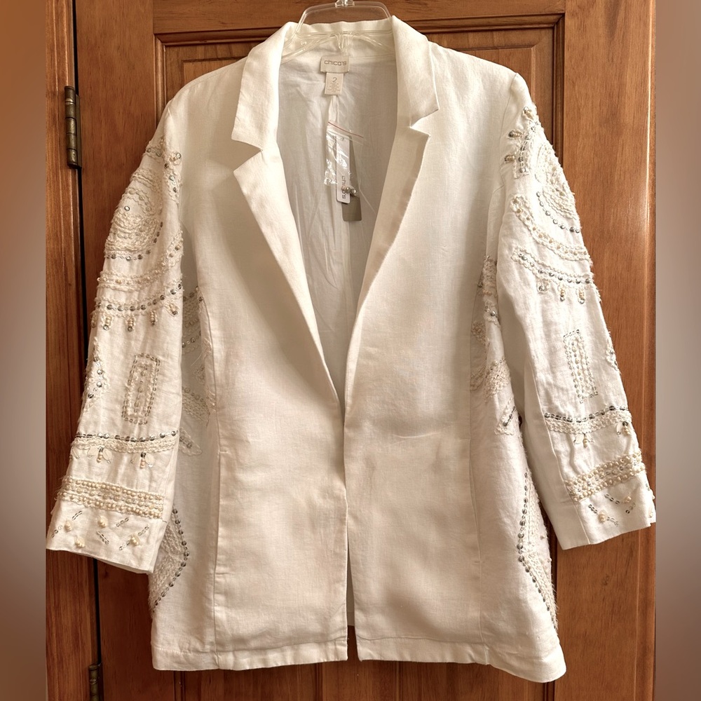 Chico’s 100% Linen White Embellished Jacket Size 2 New With Tag